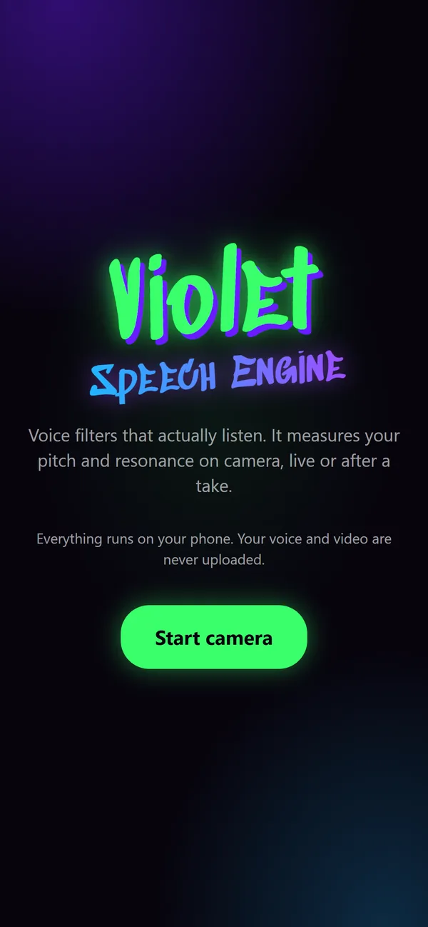 Violet Speech Engine start screen with the neon graffiti logo and a Start camera button