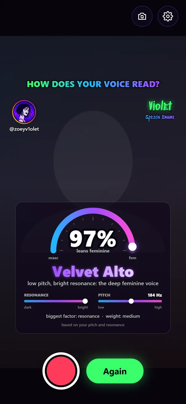 The Voice Read filter over the camera: a dial at 97 percent, the voice type Velvet Alto, and resonance and pitch bars